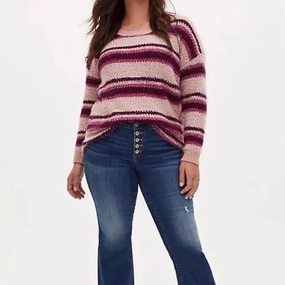 Torrid Pink Striped Fuzzy Drop Shoulder Sweater - Size 2 (18/20) - Picture 2 of 10
